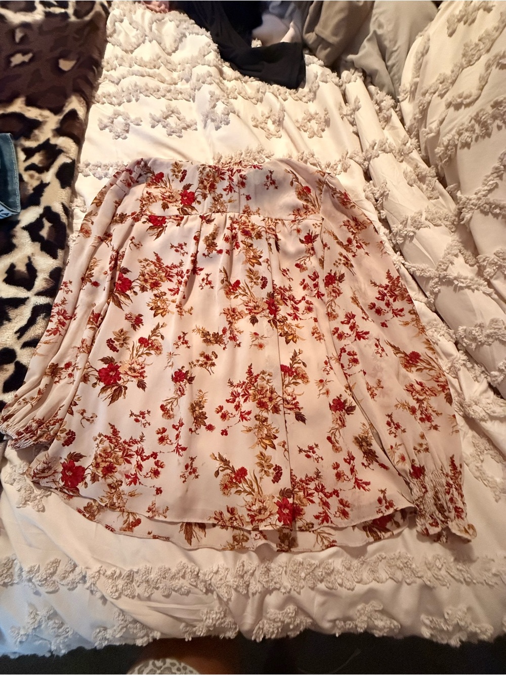 Zac and Rachel Cream Skater Skirt with Red & Brown Floral Print